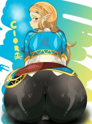 1girl abstract_background absurdres ass backboob black_pants blonde_hair blush breasts cameltoe cloroxformius curvy female_focus green_eyes highres huge_ass long_hair looking_back nintendo pants pantylines pointy_ears pout princess_zelda solo sweat the_legend_of_zelda the_legend_of_zelda:_breath_of_the_wild tight_clothes tight_pants very_long_hair wide_hips rating:Questionable score:58 user:JustHere4Tits