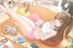  1girl absurdres alternate_costume bare_shoulders barefoot black_choker brown_eyes brown_hair cat chips_(food) choker couch food full_body girls&#039;_frontline girls&#039;_frontline_2:_exilium headphones headphones_around_neck heine_(haloo1101) highres holding indoors k2_(girls&#039;_frontline) long_hair looking_at_viewer multiple_cats nintendo_switch pink_shorts short_shorts shorts sitting solo thighs yoohee_(girls&#039;_frontline_2) 