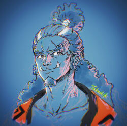 1boy absurdres artist_name black_eyes blue_skin chasenmage closed_mouth collarbone colored_skin commentary curly_eyebrows english_commentary facial_hair fish_boy goatee highres jinbe_(one_piece) long_hair male_focus one_piece scar scar_across_eye scar_on_face sketch smile solo takashik tusks 