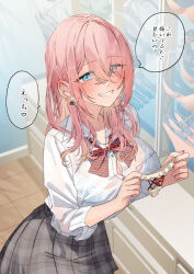  1girl blue_eyes blush breasts collared_shirt commentary_request hair_between_eyes holding large_breasts long_hair necktie original panties pink_hair pleated_skirt school_uniform see-through_clothes shio_kouji_(shiokojii) shirt skirt smile teeth translation_request translucent underwear 