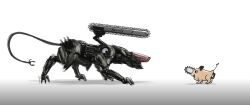  1boy 1other artist_name bladewolf chainsaw chainsaw_man colored_skin crossover dog gradient_background highres khyradon looking_at_another metal_gear_(series) metal_gear_rising:_revengeance no_humans non-humanoid_robot open_mouth orange_skin pochita_(chainsaw_man) realistic robot robot_animal robot_dog shadow tail twitter_username white_background 
