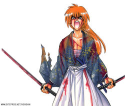  1boy blood himura_kenshin japanese_clothes katana long_hair male_focus open_mouth ponytail rurouni_kenshin samurai sarashi screaming simple_background solo sword watsuki_nobuhiro weapon 