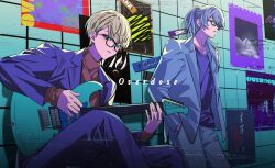  2boys against_wall black-framed_eyewear blonde_hair blue_eyes blue_hair brown_shirt closed_mouth commentary_request crossed_bangs electric_guitar glasses glitch grey_jacket grey_pants guitar hair_between_eyes hair_over_shoulder hands_in_pockets hibachi_mana highres holding holding_guitar holding_instrument hoshirube_sho instrument jacket jing_(0r1_4) lapels long_hair long_sleeves looking_at_viewer male_focus multicolored_hair multiple_boys music nijisanji open_clothes open_jacket pants playing_guitar playing_instrument ponytail poster_(object) purple_hair purple_jacket purple_pants purple_shirt shirt short_hair sitting standing streaked_hair tile_wall tiles turtleneck virtual_youtuber 