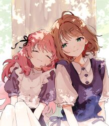  2girls :3 ahoge aono_nachi black_ribbon black_skirt blush bow brown_hair buttons choppy_bangs closed_eyes closed_mouth collared_shirt curtains dappled_sunlight day dot_nose dress frilled_dress frills green_eyes hair_intakes hair_ribbon heart_button highres kagari_mimi kimi_ga_shinu_made_koi_wo_shitai knees_up leaning_on_person leaning_to_the_side long_hair looking_at_another multiple_girls official_art outdoors pink_hair purple_bow purple_shirt purple_sweater_vest ribbon shadow shirt short_hair short_sleeves sideways_glance sitting skirt smile sunlight sweater_vest totsuki_shiina upper_body vest waist_bow wavy_hair white_shirt white_vest window yuri 
