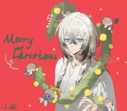  1boy blue_eyes braid chibi christmas christmas_ornaments christmas_tree closed_mouth doll english_text hospital_gown long_hair male_focus merry_christmas multicolored_hair multiple_boys original qyzhiaiyisheng red_background smile twin_braids 