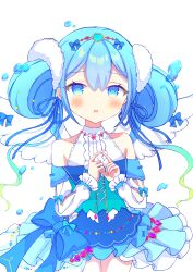  1girl :o absurdres bare_shoulders blue_bow blue_dress blue_eyes blue_hair blush bow detached_sleeves double_bun dress hair_between_eyes hair_bow hair_bun hair_ornament heart highres hirame_(hi03ra) long_sleeves looking_at_viewer ongeki parted_lips puffy_short_sleeves puffy_sleeves short_sleeves sleeveless solo suzushima_arisu twintails white_background white_sleeves 
