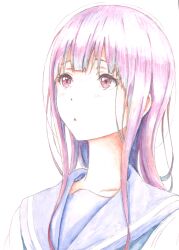  1girl :o absurdres bbmasa blue_sailor_collar blue_serafuku collarbone commentary_request hibike!_euphonium highres kitauji_high_school_uniform liz_to_aoi_tori long_hair purple_eyes purple_hair sailor_collar school_uniform serafuku simple_background solo traditional_media upper_body white_background yoroizuka_mizore 