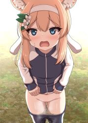 1girl animal_ear_fluff animal_ears arisu_kazumi artist_name blue_archive blue_eyes blue_jacket blue_shorts blush clothes_lift clothes_pull cowboy_shot double-parted_bangs female_focus flat_chest flower fox_ears fox_girl groin gym_uniform hair_flower hair_ornament hair_ribbon hairband jacket jacket_lift lifting_own_clothes loli long_hair long_sleeves looking_at_viewer mari_(blue_archive) mari_(track)_(blue_archive) navel official_alternate_costume open_mouth orange_hair paid_reward_available panties panty_pull peeing peeing_self ribbon shorts shorts_pull sidelocks solo sweatdrop textless_version track_jacket underwear wavy_mouth wet wet_clothes wet_panties white_flower white_hairband white_panties white_ribbon rating:Questionable score:123 user:hdk5