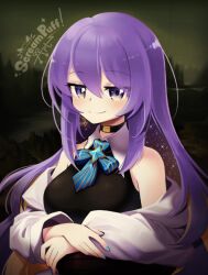  1girl bare_shoulders blue_nails breasts choker fine_art_parody fingernails hololive hololive_indonesia jacket light_blush long_hair medium_breasts mona_lisa moona_hoshinova moona_hoshinova_(1st_costume) multicolored_eyes multicolored_hair nail_polish name_connection parody purple_hair screampuffart smile solo twitter_username virtual_youtuber 
