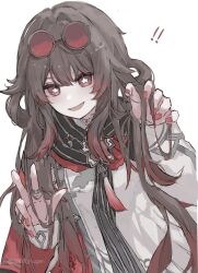  ! !! 1girl bare_shoulders brown_hair detached_sleeves dress eyewear_on_head flower-shaped_pupils genshin_impact highres hu_tao_(cherries_snow-laden)_(genshin_impact) hu_tao_(genshin_impact) long_hair looking_at_viewer nail_polish nayuta_(8888_mugen) red_eyes red_nails round_eyewear simple_background sleeveless sleeveless_dress smile solo symbol-shaped_pupils twintails upper_body white_background white_dress white_sleeves 