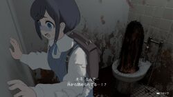  1girl backpack bag blue_eyes collared_shirt commentary_request fake_screenshot frilled_shirt frills fukurai_azami horror_(theme) indoors long_sleeves lost_property_control_organization_(samidare) official_art open_mouth parody samidare_(hoshi) scared shirt short_hair solo style_parody subtitled sweatdrop toilet toshi_densetsu_kaitai_center translation_request turn_pale upper_body white_shirt 