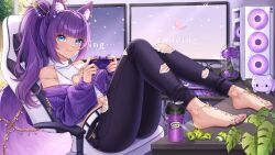  1girl animal_ear_fluff animal_ears barefoot belt black_pants blue_eyes breasts cat_ears cha_cha_(vtuber) chair cleavage cleavage_cutout closed_mouth clothing_cutout commission computer_keyboard controller cup desk earrings flower game_controller gamer_supps gaming_chair hair_ornament highres holding holding_controller holding_game_controller indie_virtual_youtuber jewelry long_hair masshiromelon mole mole_under_mouth monitor nail_polish navel_piercing pants piercing plant ponytail purple_flower purple_hair purple_nails smile solo star_(symbol) swivel_chair tail tan toenail_polish toenails torn_clothes torn_pants virtual_youtuber white_belt 