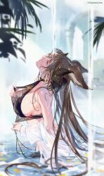  1girl animal_ears bikini black_bikini breasts brown_hair cleavage closed_eyes closed_mouth dragon_horns extra_ears galleon_(granblue_fantasy) galleon_(summer)_(granblue_fantasy) granblue_fantasy hair_spread_out highres horns large_breasts long_hair minaba_hideo multiple_ears nail_polish off_shoulder official_alternate_costume official_art outdoors plant pointy_ears see-through_cleavage see-through_clothes shirt solo swimsuit water wet wet_hair white_shirt 