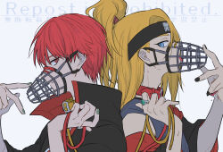  2boys :p akatsuki_uniform aladdin_(sinoalice) asymmetrical_bangs back-to-back black_nails blonde_hair blue_eyes deidara_(naruto) extra_mouth forehead_protector green_nails grin hair_over_one_eye hayamin35 high_ponytail holding holding_leash implied_yaoi jewelry leash long_hair looking_at_viewer male_focus multiple_boys muzzle_(mask) naruto_(series) naruto_shippuuden open_clothes open_mouth open_robe ponytail red_eyes red_hair ring robe sasori_(naruto) short_hair smile tongue tongue_out watermark 