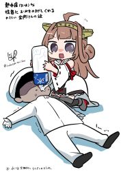  1boy 1girl admiral_(kancolle) ahoge artist_logo boots bottle brown_hair brown_skirt chibi commentary_request double_bun faceless faceless_male forced_drinking frilled_skirt frills grey_eyes hair_bun headgear highres japanese_clothes kantai_collection kongou_(kancolle) kongou_kai_ni_(kancolle) logo long_hair lr_hijikata military_uniform naval_uniform nontraditional_miko ribbon-trimmed_sleeves ribbon_trim simple_background skirt solo tears thigh_boots translation_request twitter_username water_bottle white_background 