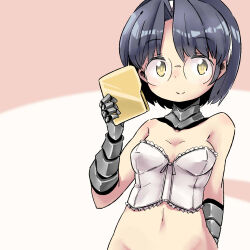  1girl aiko_(magipoka) android arm_behind_back bare_shoulders blue_hair bodice bottomless breasts cleavage closed_mouth croixsan folder glasses groin hairband hand_up holding holding_folder joints medium_breasts navel renkin_san-kyuu_magical_pokaan rimless_eyewear robot_joints round_eyewear short_hair smile solo split_mouth white_hairband yellow_eyes 