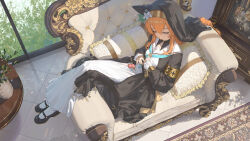  1girl ame_(2453323719) animal_ear_headwear animal_ears black_hat black_jacket black_shoes blue_archive blue_neckerchief cat_ears cat_girl closed_eyes couch dress fake_animal_ears flower hair_between_eyes hair_flower hair_ornament hat highres jacket long_hair mari_(blue_archive) neckerchief nun on_couch orange_hair shoes sidelocks sitting_sideways sleeping socks solo white_dress white_flower white_socks 