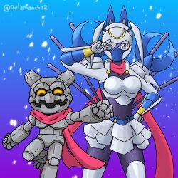 absurdres armor closed_eyes crescent_moon delamancha2 dianamon digimon digimon_(creature) gottsumon highres mask moon one_eye_closed open_mouth purple_hair scarf smile v wink