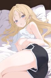  1girl absurdres alternate_costume alternate_hairstyle black_shorts blonde_hair blue_eyes blush breasts card_game ecclesia_(yu-gi-oh!) facial_mark feet_out_of_frame forehead_mark highres incredible_ecclesia_the_virtuous long_hair looking_at_viewer lying medium_breasts nbee_ya on_side open_mouth shirt short_shorts shorts sleeveless stigmata thighs white_shirt yu-gi-oh! 
