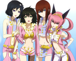  1boy 3girls akiha_rumiho black_hair blue_eyes brown_hair cosplay drill_hair faris_nyannyan fishnet_legwear fishnets green_eyes highres idolmaster jewelry long_sleeves makise_kurisu midriff multiple_girls navel open_mouth pants pink_hair purple_eyes sakai_kyuuta shiina_mayuri simple_background skirt sleeveless smile standing steins;gate trap urushibara_luka  rating:Sensitive score:34 user:Hepooh