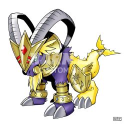  armadimon armor beard capricorn_(zodiac) claws colored_skin digimental_of_hope digimon digimon_(creature) dry_designs facial_hair fins fish_tail green_eyes highres hooves horns oridigi purple_fur tail yellow_skin zodiac 