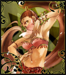  1girl arabian_clothes armlet armpits belly_dancer bikini bikini_top_only bracelet breasts brown_eyes brown_hair cleavage dancer earrings emamu female_focus gensou_suikoden gensou_suikoden_ii hair_tubes high_ponytail jewelry karen_(suikoden) long_hair lots_of_jewelry midriff navel ponytail solo strapless sugikiyu swimsuit tiara tube_top veil very_long_hair 