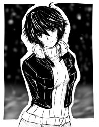  1girl atlus casual female_focus greyscale jacket monochrome persona persona_4 shirogane_naoto snow solo suta_furachina sweater  rating:Sensitive score:19 user:danbooru