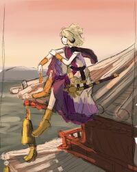 1girl belt black_belt blonde_hair boots brown_boots clear_sky closed_eyes commentary_request day earmuffs full_body highres on_roof open_mouth outdoors pink_sky purple_skirt ritsuzou shirt short_hair sitting_on_roof skirt sky sleeveless sleeveless_shirt solo touhou toyosatomimi_no_miko 