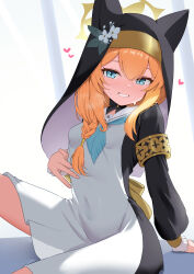 1girl absurdres animal_ear_headwear animal_ears aoto_mei armlet black_coat blue_archive blue_eyes blue_neckerchief blush braid breasts coat coif commentary_request dress fake_animal_ears hair_tubes halo heart highres jewelry loli long_hair long_sleeves looking_at_viewer mari_(blue_archive) neckerchief nun orange_hair paid_reward_available parted_lips partial_commentary puffy_long_sleeves puffy_sleeves sailor_collar side_braid single_braid sitting small_breasts solo teeth trinity_general_school_logo variant_set white_dress white_sailor_collar yellow_halo