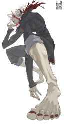  1boy absurdres alternate_form commentary dandadan facial_mark feet gakuran glasses highres male_focus mask mouth_mask pakupaku_keema qr_code red_eyes round_eyewear school_uniform signature simple_background solo takakura_ken_(dandadan) takakura_ken_(transformed)_(dandadan) transformation white_background white_hair 