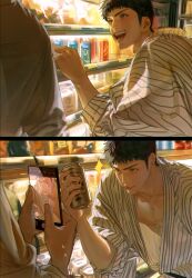 2boys 2koma black_hair camera_phone can cellphone character_request comic copyright_request holding holding_can indoors jnkku male_focus multiple_boys open_mouth phone photo-referenced robe short_hair smartphone smile sparkle striped_robe taking_picture upper_body white_robe rating:General score:3 user:danbooru