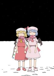  2girls bat_wings blonde_hair blue_hair closed_eyes crystal_wings dress flandre_scarlet full_body hat highres medium_hair mob_cap multiple_girls neckerchief night night_sky pink_dress pink_shoes red_dress red_neckerchief red_shoes remilia_scarlet scarf shared_clothes shared_scarf shoes short_sleeves siblings sisters sky smile snow socks standing touhou vampire white_sleeves white_socks wings y75zei yellow_neckerchief 
