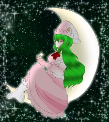  1girl crescent_moon green_hair highres kazami_yuuka kazami_yuuka_(pc-98) long_hair lotus_land_story moon on_crescent on_moon pajamas pink_pajamas red_ribbon ribbon sleeping socks solo star_(sky) touhou touhou_(pc-98) white_socks yuuna_arlovskaya 