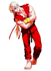  1990s_(style) 1boy armor barefoot bengus blonde_hair blue_eyes capcom crossed_arms dougi hair_ribbon japanese_armor ken_masters kote long_hair male_focus marvel_vs._capcom muscular official_art ponytail retro_artstyle ribbon smile solo street_fighter thick_eyebrows torn_clothes torn_sleeves x-men_vs._street_fighter x-men_vs_street_fighter 