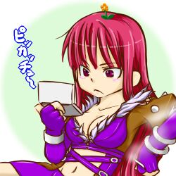  1girl blush breasts cleavage closed_mouth coat commentary_request fingerless_gloves flower flower_on_head frown fur-trimmed_coat fur_trim gloves long_hair lowres medium_breasts navel orange_flower pointy_ears purple_coat purple_gloves ragnarok_online red_eyes red_hair shadow_chaser_(ragnarok_online) shirohige solo translation_request upper_body 