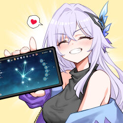  1girl ^_^ absurdres bare_shoulders black_shirt blush breasts cellphone closed_eyes commentary_request escoffier_(genshin_impact) eula_(genshin_impact) facing_viewer furina_(genshin_impact) ganyu_(genshin_impact) genshin_impact grin hair_ornament heart highres holding holding_phone honkai:_star_rail honkai_(series) jingliu_(honkai:_star_rail) keqing_(genshin_impact) large_breasts mihoyo nilou_(genshin_impact) off_shoulder phone purple_hair raiden_shogun royboy shirt skirk_(genshin_impact) sleeveless sleeveless_shirt smartphone smile solo spoken_heart upper_body yelan_(genshin_impact) yellow_background 