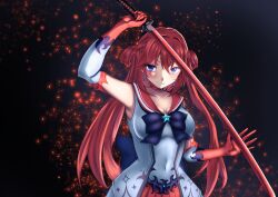  1girl back_bow black_background blue_bow blue_eyes bow breasts brooch choker circlet collarbone cosplay covered_navel double_bun earrings elbow_gloves gloves hair_between_eyes hair_bun hair_rings highres holding holding_sword holding_weapon indie_virtual_youtuber jewelry katana kisaragi_karen_(vtuber) large_breasts long_hair looking_at_viewer magical_girl pleated_skirt red_gloves red_hair red_sailor_collar red_skirt sailor_collar shinokana skirt sleeveless smile solo star_(symbol) star_earrings sword tiara twintails variant_set virtual_youtuber weapon 