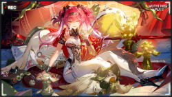  1girl armlet armor black_bow bodysuit boots bow breastplate breasts collar commentary crossed_ankles english_commentary hair_bow hairband headgear high_heel_boots high_heels highres holding indoors jewelry logo long_hair looking_at_viewer lupa_(wuthering_waves) medium_breasts metal_collar metal_hairband multiple_hair_bows official_art one_eye_closed pink_hair red_pupils red_sash sash sitting smile solo tacet_discord_(wuthering_waves) tail thigh_boots twintails white_bodysuit white_boots wolf_tail wrist_guards wuthering_waves yellow_eyes 
