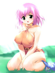  1990s_(style) 1girl breasts covered_erect_nipples female_focus final_fantasy final_fantasy_v hima huge_breasts kneeling legs lenna_charlotte_tycoon orange_shirt retro_artstyle shirt solo  rating:Questionable score:30 user:danbooru