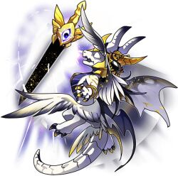  black_sclera colored_sclera dragon dragon_village_(series) dragon_village_collection feathered_wings game_cg janus_(dragon_village) janus_(knight-captain_of_light_and_dark)_(dragon_village) multiple_wings no_humans official_art solid_eyes sword third-party_source transparent_background weapon wings 