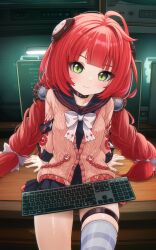  1girl absurdres black_choker black_sailor_collar black_skirt blue_thighhighs bow bowtie braid breasts cardigan choker closed_mouth commentary comodox computer_keyboard english_commentary green_eyes highres indoors large_variant_set long_hair long_sleeves looking_at_viewer miniskirt paid_reward_available pink_cardigan pleated_skirt red_hair sailor_collar single_thighhigh sitting skirt small_breasts solo striped_clothes striped_thighhighs thigh_strap thighhighs twin_braids ukinami_yuzuha variant_set white_bow white_bowtie zenless_zone_zero 