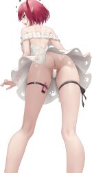  1girl absurdres ass blue_eyes blush bottomless breasts censored dress from_below heart heart-shaped_pupils heart_censor highres hololive hololive_english horns irys_(casualrys)_(hololive) irys_(hololive) large_breasts looking_back multicolored_hair no_panties official_alternate_costume open_mouth pointy_ears purple_hair red_hair short_hair simple_background solo somebody_(leiking00) symbol-shaped_pupils thigh_strap upskirt virtual_youtuber white_dress  rating:Explicit score:35 user:danbooru