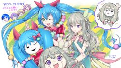  2boys 4girls :o ;3 ;d absurdres back_bow blue_hair blue_nails bow closed_eyes commentary_request dress green_hair green_vest grin guest_art hair_ornament hatsune_miku headset highres kaito_(vocaloid) kamishiro_rui long_hair multicolored_hair multiple_boys multiple_girls nenerobo official_art one_eye_closed ootori_emu open_mouth pink_bow pleated_skirt pom_pom_(clothes) pom_pom_hair_ornament project_sekai purple_eyes purple_hair purple_nails red_dress red_nails ryusei_(ryusei_b) second-party_source shiteyan&#039;yo shooting_star skirt smile speech_bubble streaked_hair striped_clothes striped_dress teeth tenma_tsukasa thought_bubble translation_request twintails u_u very_long_hair vest vocaloid wonderlands_x_showtime_(project_sekai) wonderlands_x_showtime_miku yellow_nails yellow_skirt 