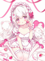  1girl :o azumi_kazuki between_legs blush breasts cleavage collarbone commentary_request dress food food-themed_hair_ornament frilled_dress frills fruit hair_between_eyes hair_intakes hair_ornament hairclip hand_between_legs head_tilt heart heart_hair_ornament highres holding holding_food long_hair looking_at_viewer original parted_lips pink_shoes purple_eyes ribbon-trimmed_thighhighs ribbon_trim shoes simple_background sitting small_breasts solo strawberry strawberry_hair_ornament stuffed_animal stuffed_toy teddy_bear thighhighs very_long_hair wariza white_background white_dress white_hair white_thighhighs wrist_cuffs x_hair_ornament 