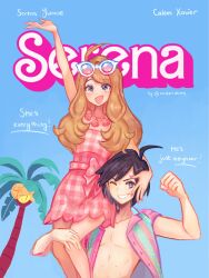  1boy 1girl :d ahoge alolan_exeggutor alolan_form arm_up barbie_(character) barbie_(character)_(cosplay) barbie_(franchise) barbie_(live_action) black_hair character_name collared_shirt commentary constarlations cosplay day dress english_text gen_7_pokemon grin happy highres jewelry ken_(barbie) ken_(barbie)_(cosplay) long_hair necklace nintendo open_clothes open_mouth open_shirt outdoors pink_dress plaid_clothes plaid_dress pokemon pokemon_xy poster_parody serena_(pokemon) shirt short_hair sidelocks sky smile sunglasses teeth white-framed_eyewear 