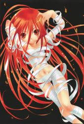  1girl angry arms_up bandages blush collarbone fire loli long_hair naked_bandage navel parted_lips peach-pit red_eyes red_hair shakugan_no_shana shana standing teeth 