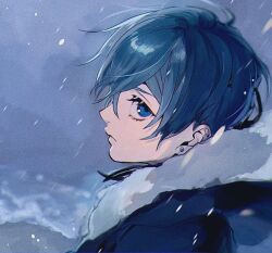  1boy blue_eyes blue_hair blue_jacket ciel_phantomhive closed_mouth cloud cloudy_sky earrings eyelashes frown fur-trimmed_hood fur_trim hood hooded_jacket jacket jewelry kuroshitsuji looking_to_the_side male_focus profile rau_820 sanpaku sideways_glance sky snowing solo stud_earrings upper_body white_fur winter winter_clothes 