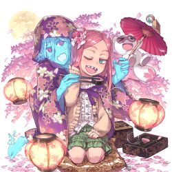  2girls bento blue_eyes chopsticks full_moon green_skirt haru_(uchi_no_hime-sama) holding holding_chopsticks lantern moon multiple_girls oil-paper_umbrella paper_lantern parted_bangs pink_hair shoe-ji skirt tanuki uchi_no_hime-sama_ga_ichiban_kawaii umbrella 