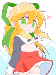 1girl blonde_hair cello_(20000) dress flashing flat_chest green_eyes green_ribbon hair_ribbon heart highres loli long_hair looking_at_viewer mega_man_(series) nipples open_clothes open_dress panties panty_pull pulling_own_clothes red_dress ribbon roll_(mega_man) smile solo standing underwear upskirt webp-to-png_conversion white_panties  rating:Explicit score:37 user:BaronArgyleSven