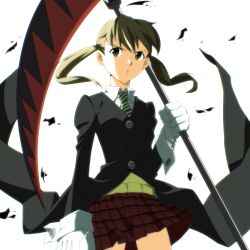  1girl blonde_hair gloves green_eyes green_necktie highres holding holding_scythe maka_albarn miko_heb necktie plaid_clothes plaid_skirt red_skirt scythe skirt solo soul_eater striped_necktie twintails weapon white_background white_gloves 